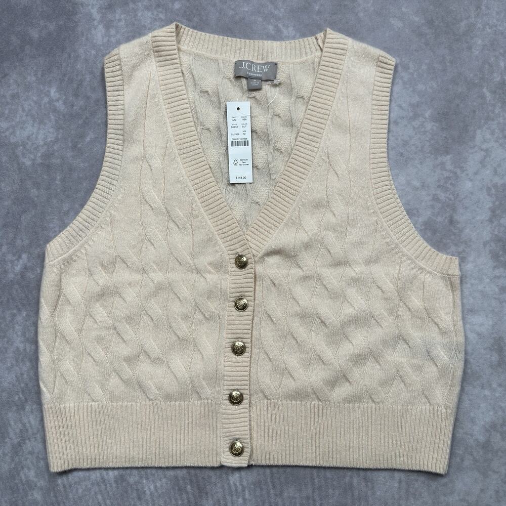 J Crew 100% Cashmere Cropped Cable Knit Sweater Vest Womens M NWT Butter Cream